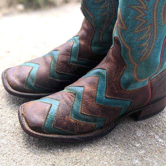 MACIE BEAN M9011 "Wave on Wave" Chevron toast/turquoise cowgirl rodeo boots sz 6 - Picture 9 of 15